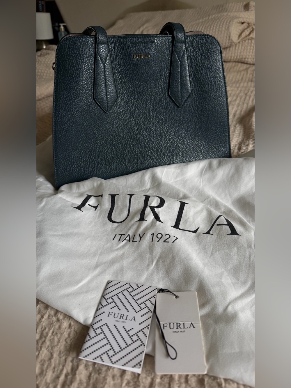 Furla Diletta Teal Pebbled Leather Satchel with tags and dust bag